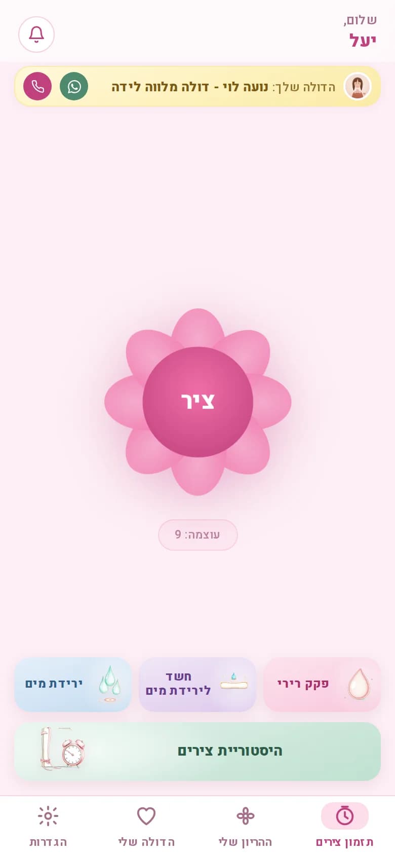 מסך תזמון הצירים: פרח ורוד גדול שלוחצים עליו בכל ציר, וכפתורים לפקק רירי ולירידת מים