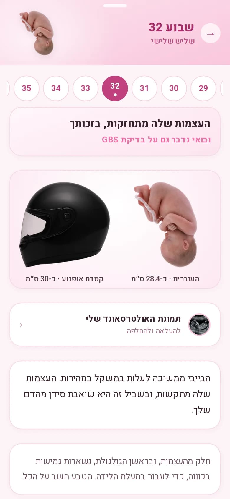 פרק שבוע 32: כותרת השבוע, העוברית ליד קסדת אופנוע באותו גודל, ותוכן השבוע