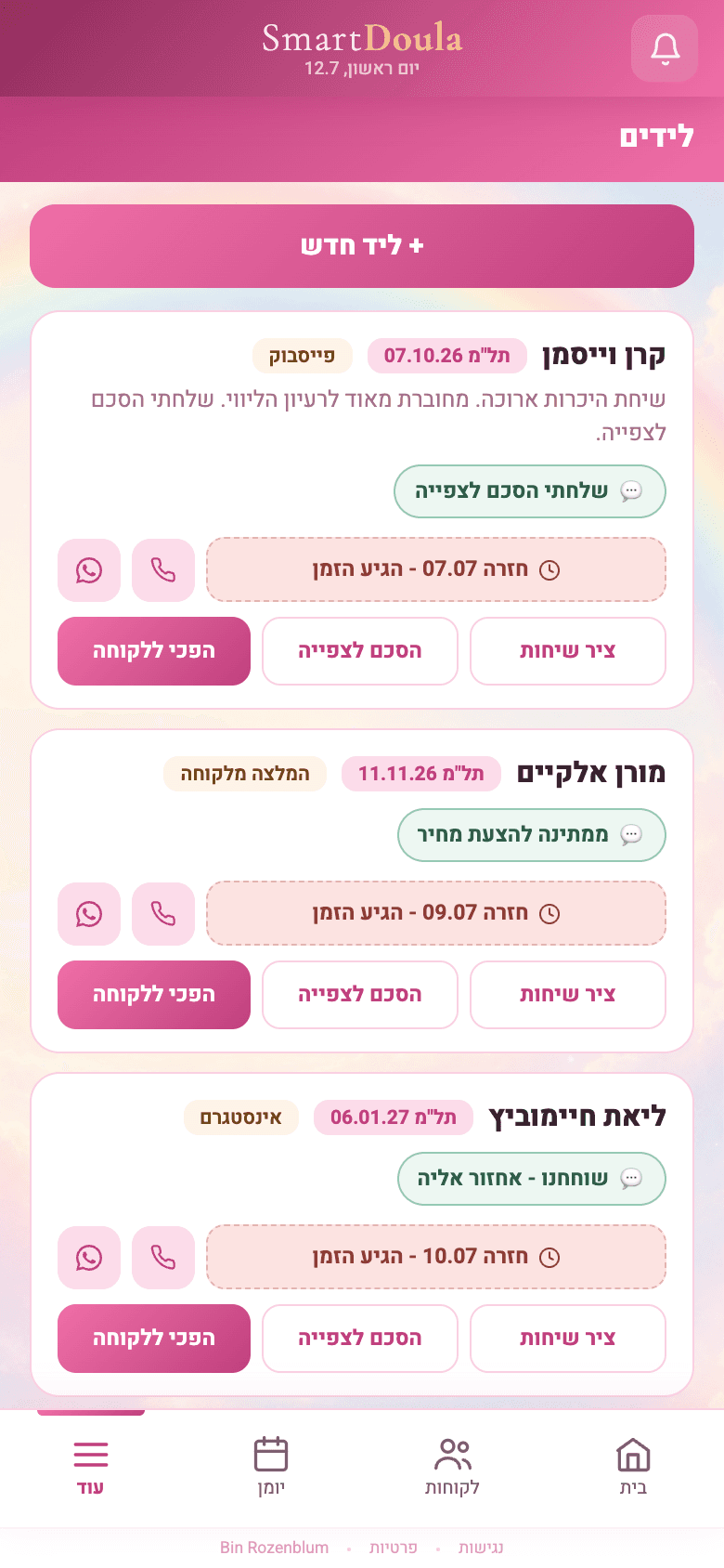 מסך הלידים - כל המתעניינות עם סטטוס ותזכורת חזרה